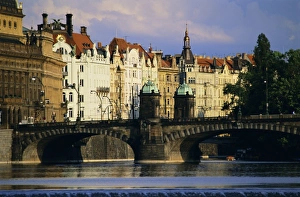 Vltava Prints: The National Theatre and houses along the Vltava River, Prague, Czech Republic, Europe