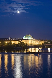 Vltava Prints: National Theatre, River Vltava, Most Legil, in the evening with full moon