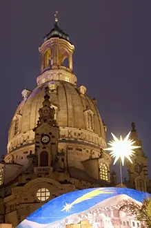 Christmas Time Prints: Nativity Scene at Christmas Market in front of Frauen Church at twilight