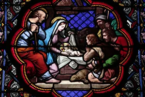 Nativity Prints: Nativity stained glass in Sainte Clotilde church, Paris, France, Europe