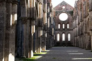Nave of roofless 13th century Gothic Cistercian Abbey of San Galzano, Chiusdino, Tuscany