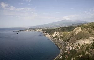 The Naxos bay and Mount Etna seen from Taormina, Sicily, Italy, Mediterranean, Europe