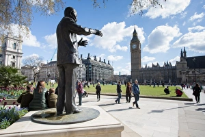 Westminster Prints: Nelson Mandela statue and Big Ben clocktower, Parliament Square, Westminster, London