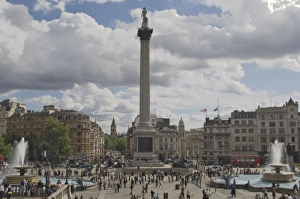 Trafalgar Square Prints: Nelsons Column in Trafalgar Square, with Big Ben in distance, London, England