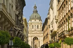 Images Dated 15th July 2010: The neo-renaissance dome of St. Stephens Basilica, shops and buildings of the Zrinyi Utca