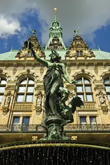 Stereotypically German Prints: Neo-renaissance statues and fountain at the Hamburg Rathaus (City Hall)