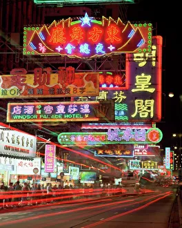 Crowd Prints: Neon lights at night on Nathan Road, Tsim Sha Tsui, Kowloon, Hong Kong, China, Asia