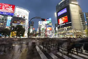 Shibuya Prints: Neon signs and pedestrian crossing (The Scramble) at night, Shibuya Station, Shibuya