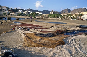Sao Vicente Prints: Nets laid out to dry on dockside, Mindelo, Sao Vicente, Cape Verde Islands