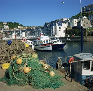 Fishing Nets Prints: Nets on quayside, Brixham harbour, Devon, England, United Kingdom, Europe