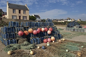 Fish Trap Prints: Nets stacked up at harbour side, village on coast, Molene Island, Bretagne (Brittany)
