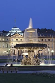 Images Dated 28th April 2011: Neues Schloss castle and fountain at Schlossplatz Square, Stuttgart, Baden Wurttemberg, Germany