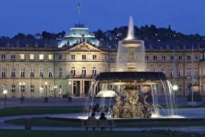 Neues Schloss castle and fountain at Schlossplatz Square, Stuttgart, Baden Wurttemberg, Germany, Europe