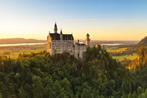 Forts Prints: Neuschwanstein Castle at sunset, view to Forggensee Lake, Schwangau, Allgau, Schwaben