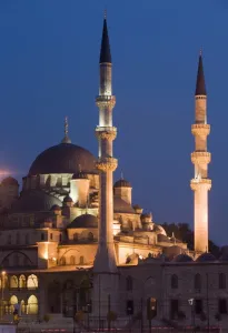 New Mosque Prints: New Mosque illuminated in the evening, Istanbul, Turkey, Europe