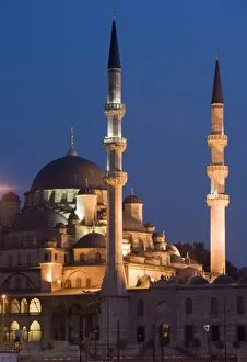 New Mosque illuminated in the evening, Istanbul, Turkey, Europe