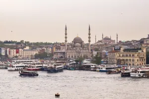 Traditionally Turkish Prints: New Mosque (Yeni Cami) with Hagia Sophia (Aya Sofya) behind seen across the Golden Horn