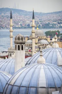 Traditionally Turkish Prints: New Mosque (Yeni Cami) seen from Suleymaniye Mosque, Istanbul, Turkey, Europe
