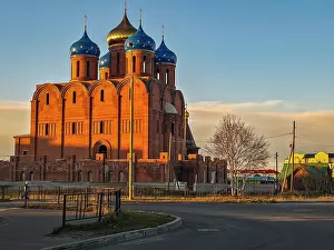 Domes Prints: New orthodox church under construction with blue domes in Naryan-Mar
