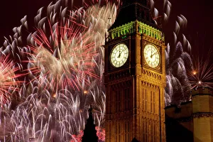 Customs Prints: New Year fireworks and Big Ben, Westminster, London, England, United Kingdom, Europe