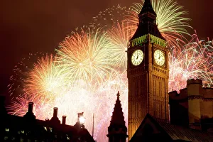 Customs Prints: New Year fireworks and Big Ben, Westminster, London, England, United Kingdom, Europe