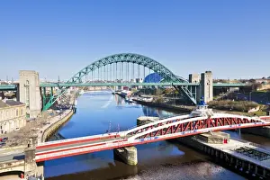 Gateshead Prints: Newcastle upon Tyne city with Tyne Bridge and Swing Bridge over River Tyne, Gateshead