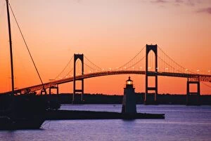 Newport Bridge and Harbor at sunset
