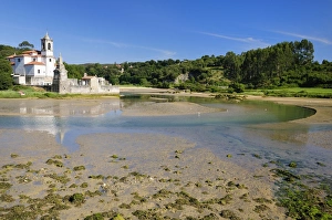 Images Dated 11th July 2009: Niembro Bay with church and cemetery of Los Dolores at low tide, near Llanes, Asturias, Spain