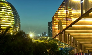 Business District Prints: Night capture of ultra modern architecture in Jianggan