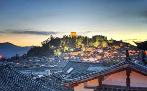 Lion Hill Prints: Night falls over Lijiang and Shizishan (Lion Hill with WanGu Tower) while the city lights slowly come to life