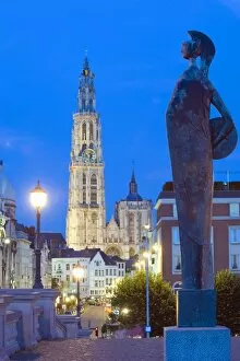 Images Dated 8th July 2010: Night illumination, tower of Onze Lieve Vrouwekathedraal, Antwerp, Flanders