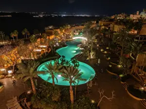 Night at the Kempinski Hotel Ishtar, a five-star luxury resort by the Dead Sea inspired by the Hanging Gardens of Babylon, Jordan, Middle East
