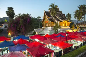 Stalls Prints: Night market outside the Royal Palace in Luang Prabang, Laos, Indochina, Southeast Asia