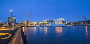 Crane Prints: Night panoramic view of the Oslo Opera House, frozen bay and new business quarter