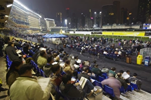 Crowds Prints: Night race at Happy Valley racecourse, Causeway Bay, Hong Kong, China, Asia
