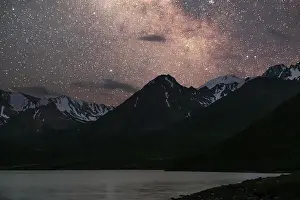 Nature Lovers Prints: Night sky and Milky Way over Kol-Ukok lake landscape showcasing stars and serenity