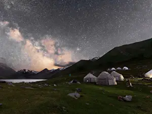 Night Sky Prints: Night sky and Milky Way over yurt camp in Kol-Ukok lake landscape showcasing stars and serenity
