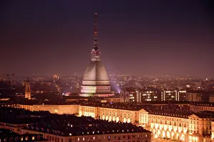 Romance Prints: Night Skyline of Turin, street lights at Piazza Vittorio Veneto and Mole Antonelliana