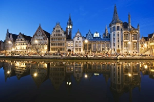 Night time reflection of waterfront town houses, Ghent, Flanders, Belgium, Europe