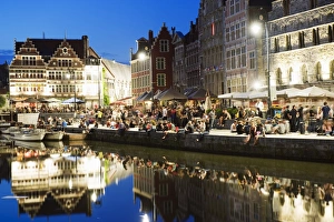 Outdoor Dining Prints: Night time reflection of waterfront town houses, Ghent, Flanders, Belgium, Europe