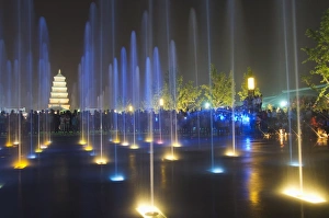 Night time water show at the Big Goose Pagoda Park, Tang dynasty built in 652 by Emperor Gaozong