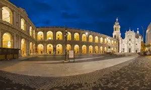 Marche Prints: Night view of the ancient and holy Basilica of the Holy House framed by arcades, Loreto