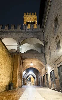 Bologna Prints: Night view of the Arengo tower in Piazza Maggiore, Bologna, Emilia Romagna, Italy, Europe