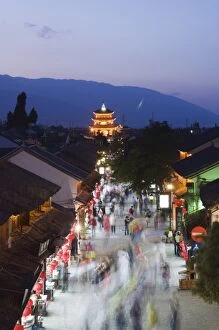 Night view of main street and watch tower, Dali Old Town, Dali, Yunnan Province