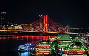 Festivities Prints: Night view of Nanchang City and Bayi Bridge over the Ganjiang River