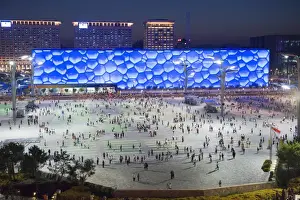 Olympics Prints: Night view of the Water Cube National Aquatics Center on the Olympic Green