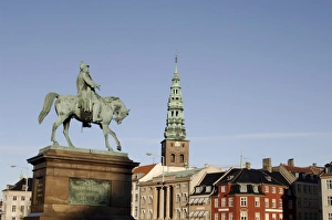 Danish Prints: Nikolaj church and Frederik VII equestrian statue, Copenhagen, Denmark