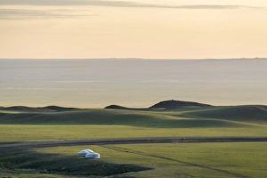 Mongolian Prints: Nomadic camp and hills, Bayandalai district, South Gobi province, Mongolia, Central Asia