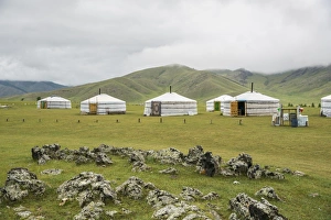Mongolian Prints: Nomadic family ger camp, Orkhon valley, South Hangay province, Mongolia, Central Asia