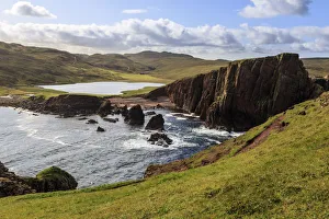 Inlet Prints: North Ham Bay, deep inlet, elevated view, red granite cliffs, stacks, Town Loch, Muckle